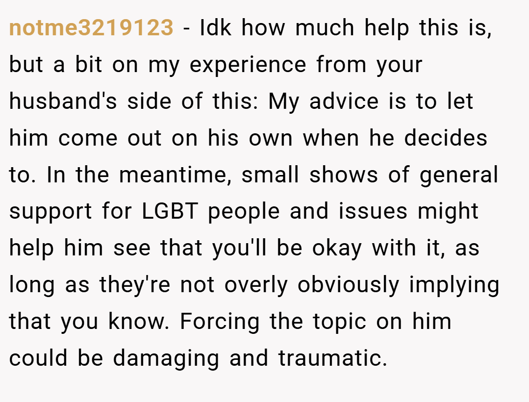 notme3219123 − Idk how much help this is, but a bit on my experience from your husband's side of this: My advice is to let him come out on his own when he decides to. In the meantime, small shows of general support for LGBT people and issues might help him see that you'll be okay with it, as long as they're not overly obviously implying that you know. Forcing the topic on him could be damaging and traumatic.