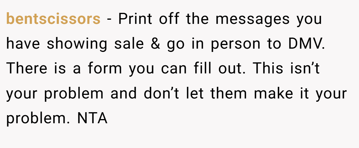 bentscissors − Print off the messages you have showing sale & go in person to DMV. There is a form you can fill out. This isn’t your problem and don’t let them make it your problem. NTA