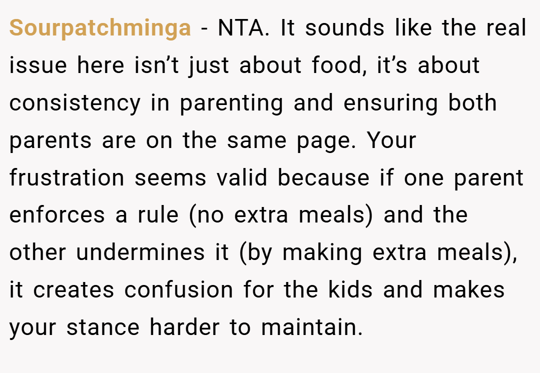 Sourpatchminga − NTA. It sounds like the real issue here isn’t just about food, it’s about consistency in parenting and ensuring both parents are on the same page. Your frustration seems valid because if one parent enforces a rule (no extra meals) and the other undermines it (by making extra meals), it creates confusion for the kids and makes your stance harder to maintain.