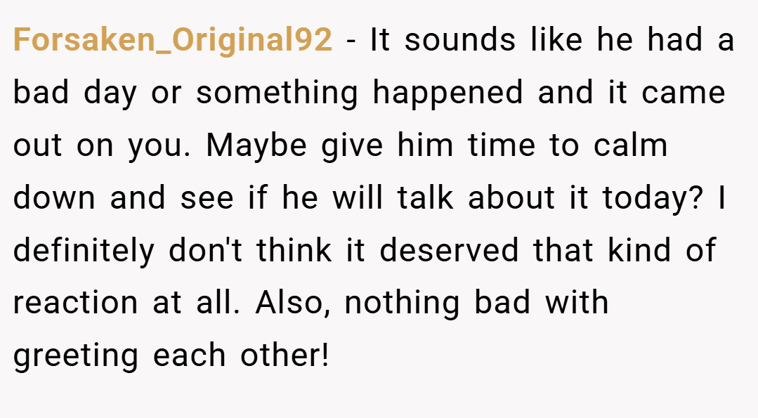 Forsaken_Original92 − It sounds like he had a bad day or something happened and it came out on you. Maybe give him time to calm down and see if he will talk about it today? I definitely don't think it deserved that kind of reaction at all. Also, nothing bad with greeting each other!