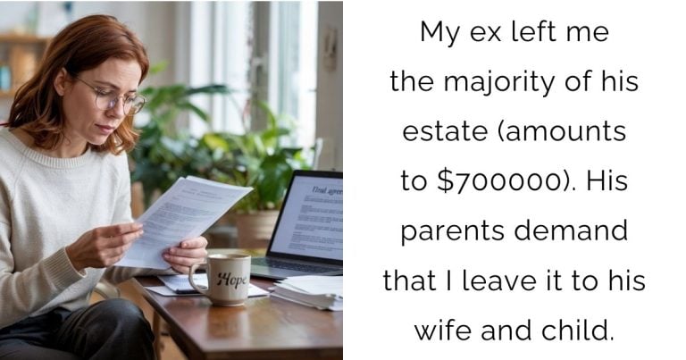My ex left me the majority of his estate (amounts to $700000). His parents demand that I leave it to his wife and child.