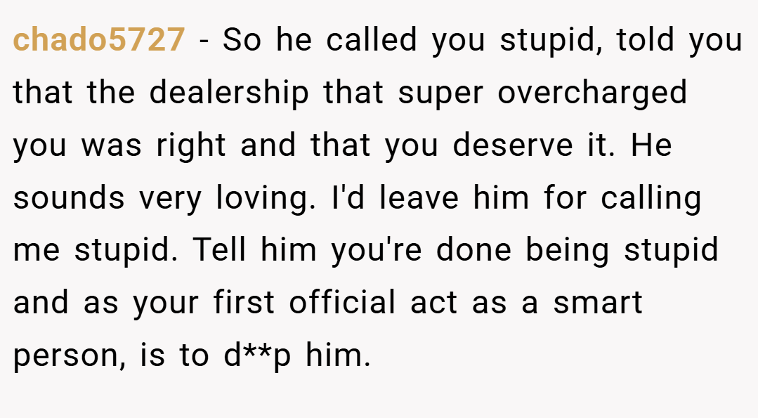 chado5727 − So he called you stupid, told you that the dealership that super overcharged you was right and that you deserve it. He sounds very loving. I'd leave him for calling me stupid. Tell him you're done being stupid and as your first official act as a smart person, is to d**p him.