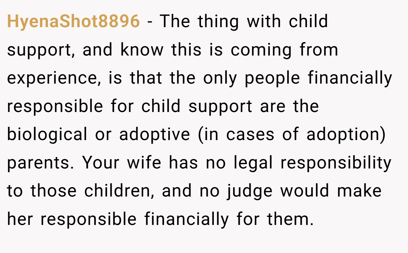 HyenaShot8896 − The thing with child support, and know this is coming from experience, is that the only people financially responsible for child support are the biological or adoptive (in cases of adoption) parents. Your wife has no legal responsibility to those children, and no judge would make her responsible financially for them.