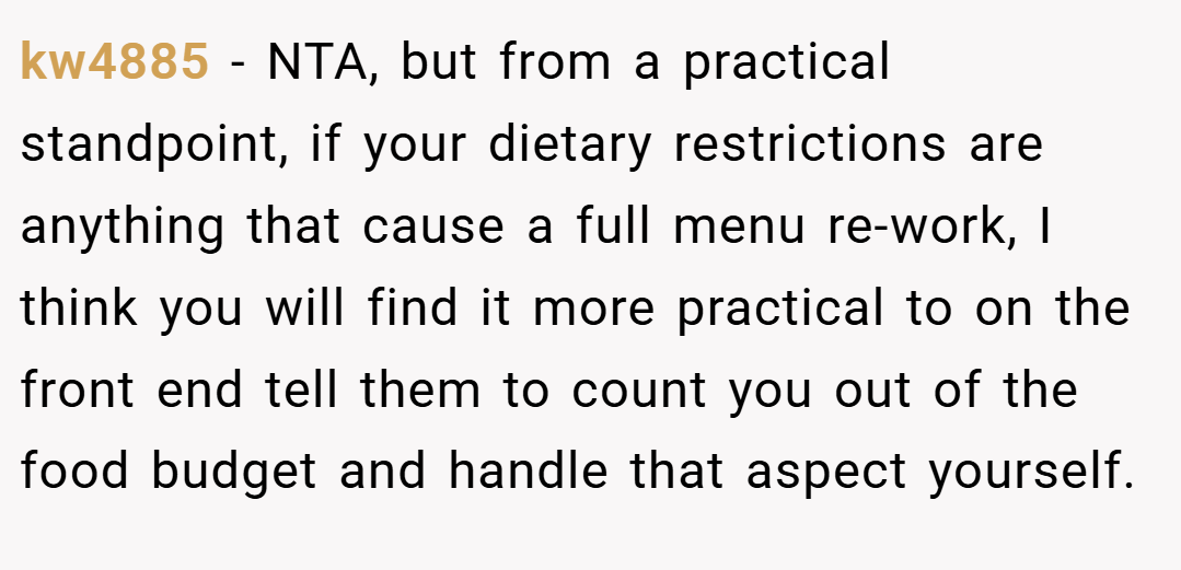 kw4885 − NTA, but from a practical standpoint, if your dietary restrictions are anything that cause a full menu re-work, I think you will find it more practical to on the front end tell them to count you out of the food budget and handle that aspect yourself.