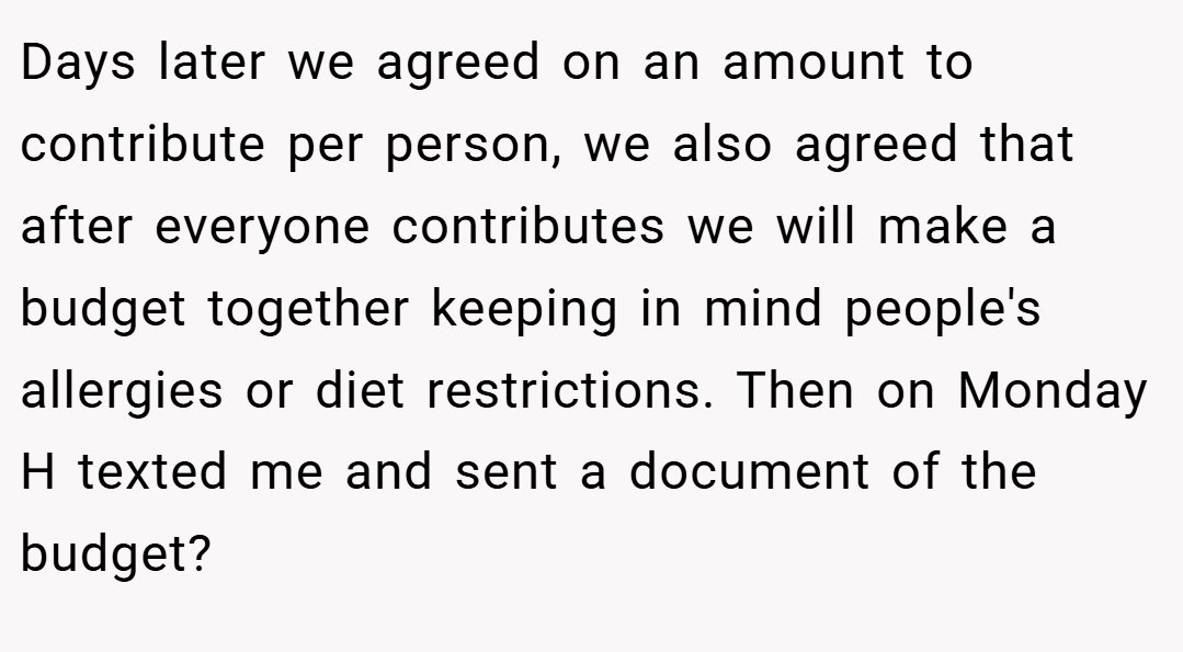 Days later we agreed on an amount to contribute per person, we also agreed that after everyone contributes we will make a budget together keeping in mind people's allergies or diet restrictions. Then on Monday H texted me and sent a document of the budget?