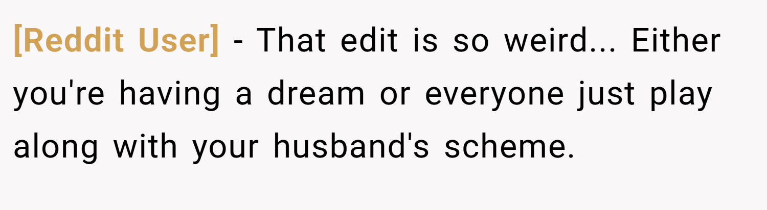 [Reddit User] − That edit is so weird... Either you're having a dream or everyone just play along with your husband's scheme.