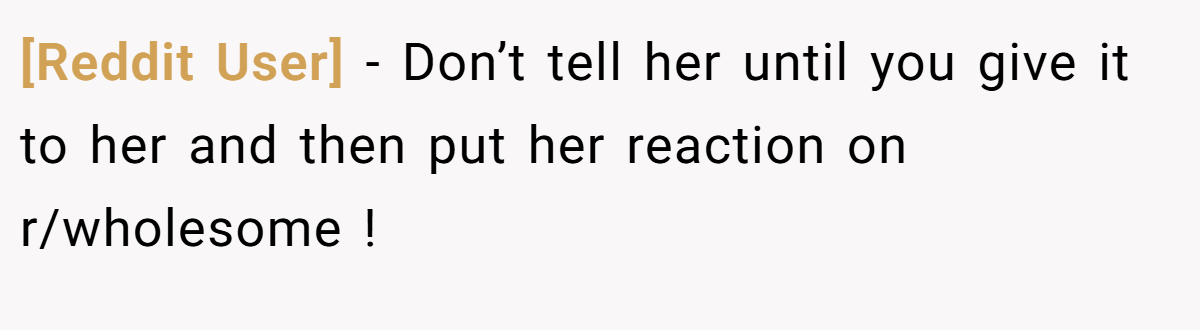 [Reddit User] − Don’t tell her until you give it to her and then put her reaction on r/wholesome !