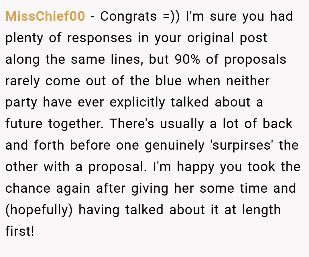 MissChief00 − Congrats =)) I'm sure you had plenty of responses in your original post along the same lines, but 90% of proposals rarely come out of the blue when neither party have ever explicitly talked about a future together. There's usually a lot of back and forth before one genuinely 'surpirses' the other with a proposal. I'm happy you took the chance again after giving her some time and (hopefully) having talked about it at length first!