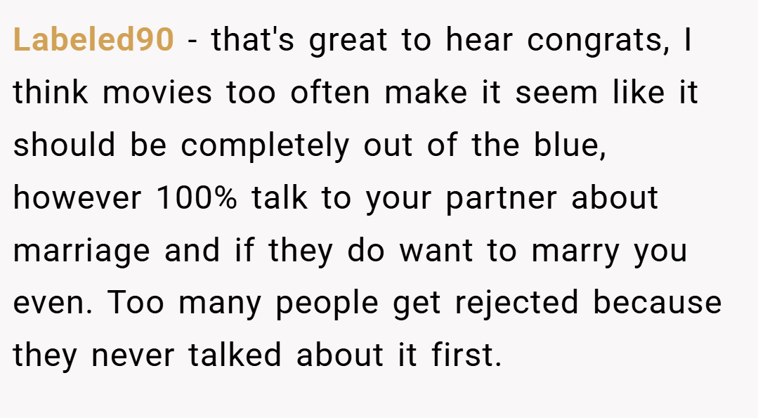 Labeled90 − that's great to hear congrats, I think movies too often make it seem like it should be completely out of the blue, however 100% talk to your partner about marriage and if they do want to marry you even. Too many people get rejected because they never talked about it first.
