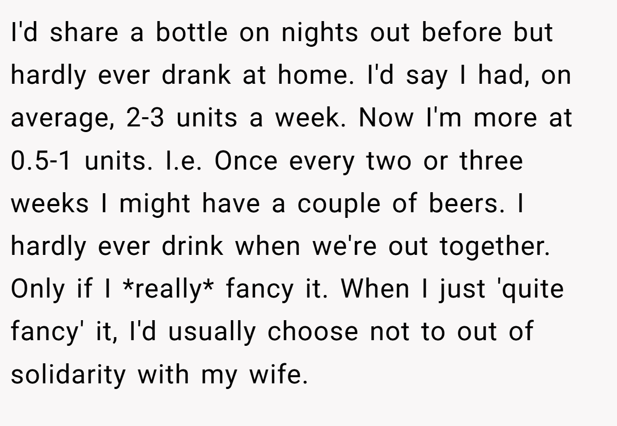 I'd share a bottle on nights out before but hardly ever drank at home. I'd say I had, on average, 2-3 units a week. Now I'm more at 0.5-1 units. I.e. Once every two or three weeks I might have a couple of beers. I hardly ever drink when we're out together. Only if I *really* fancy it. When I just 'quite fancy' it, I'd usually choose not to out of solidarity with my wife.