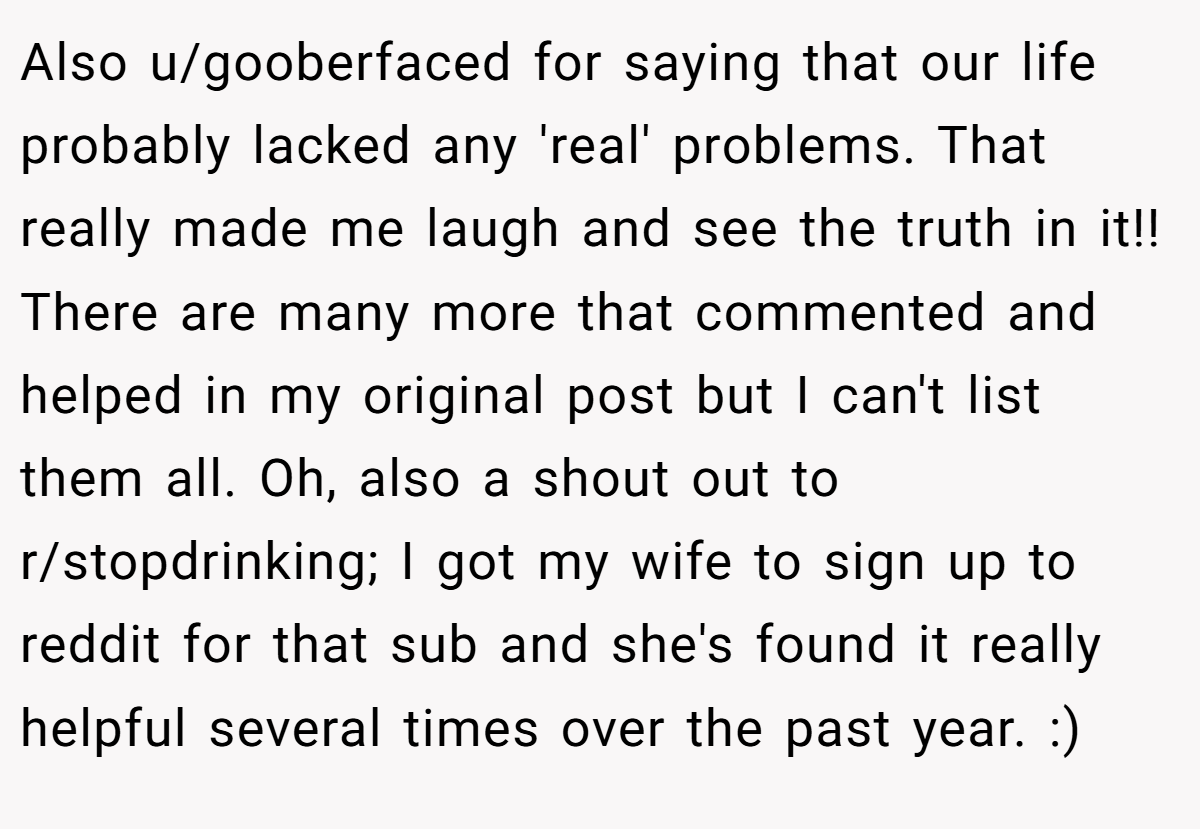 Also u/gooberfaced for saying that our life probably lacked any 'real' problems. That really made me laugh and see the truth in it!! There are many more that commented and helped in my original post but I can't list them all. Oh, also a shout out to r/stopdrinking; I got my wife to sign up to reddit for that sub and she's found it really helpful several times over the past year. :) 