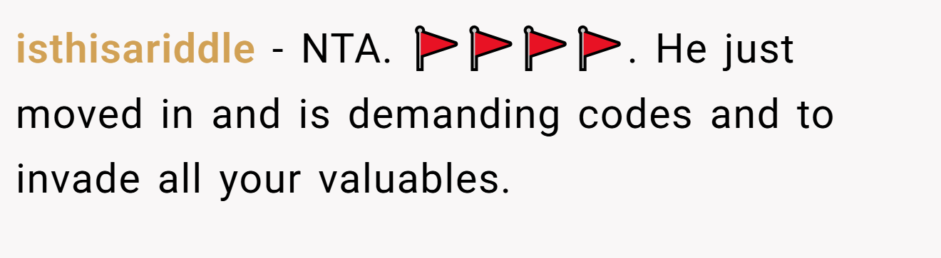isthisariddle − NTA. 🚩🚩🚩🚩. He just moved in and is demanding codes and to invade all your valuables.