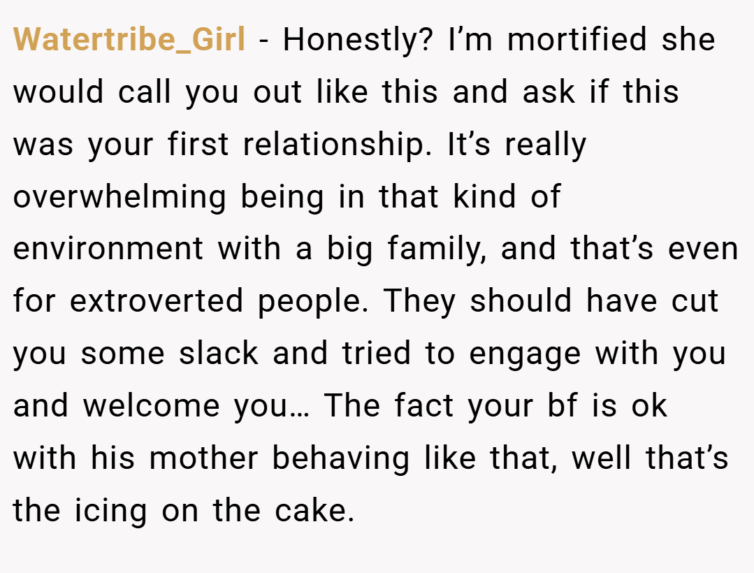Watertribe_Girl − Honestly? I’m mortified she would call you out like this and ask if this was your first relationship. It’s really overwhelming being in that kind of environment with a big family, and that’s even for extroverted people. They should have cut you some slack and tried to engage with you and welcome you… The fact your bf is ok with his mother behaving like that, well that’s the icing on the cake.