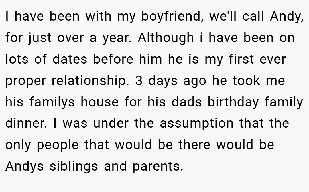 I have been with my boyfriend, we'll call Andy, for just over a year. Although i have been on lots of dates before him he is my first ever proper relationship. 3 days ago he took me his familys house for his dads birthday family dinner. I was under the assumption that the only people that would be there would be Andys siblings and parents.