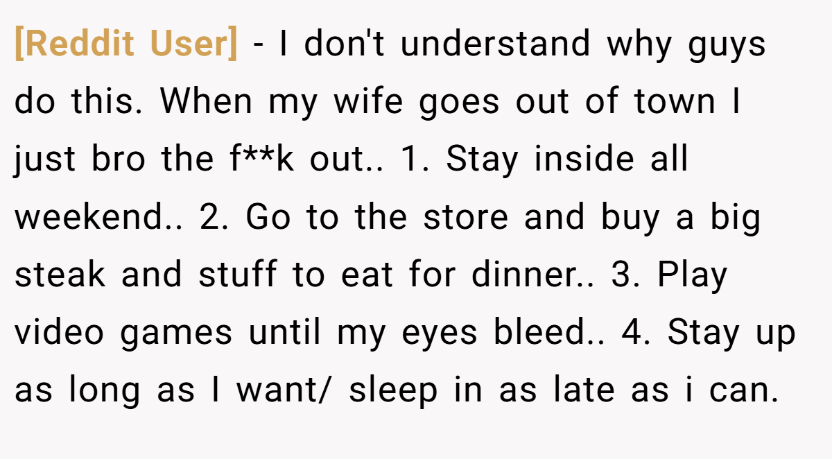 [Reddit User] − I don't understand why guys do this. When my wife goes out of town I just bro the f**k out.. 1. Stay inside all weekend.. 2. Go to the store and buy a big steak and stuff to eat for dinner.. 3. Play video games until my eyes bleed.. 4. Stay up as long as I want/ sleep in as late as i can.