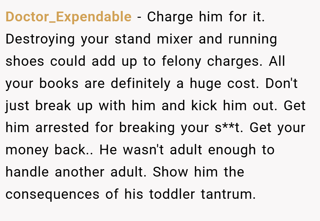 Doctor_Expendable − Charge him for it. Destroying your stand mixer and running shoes could add up to felony charges. All your books are definitely a huge cost. Don't just break up with him and kick him out. Get him arrested for breaking your s**t. Get your money back.. He wasn't adult enough to handle another adult. Show him the consequences of his toddler tantrum.