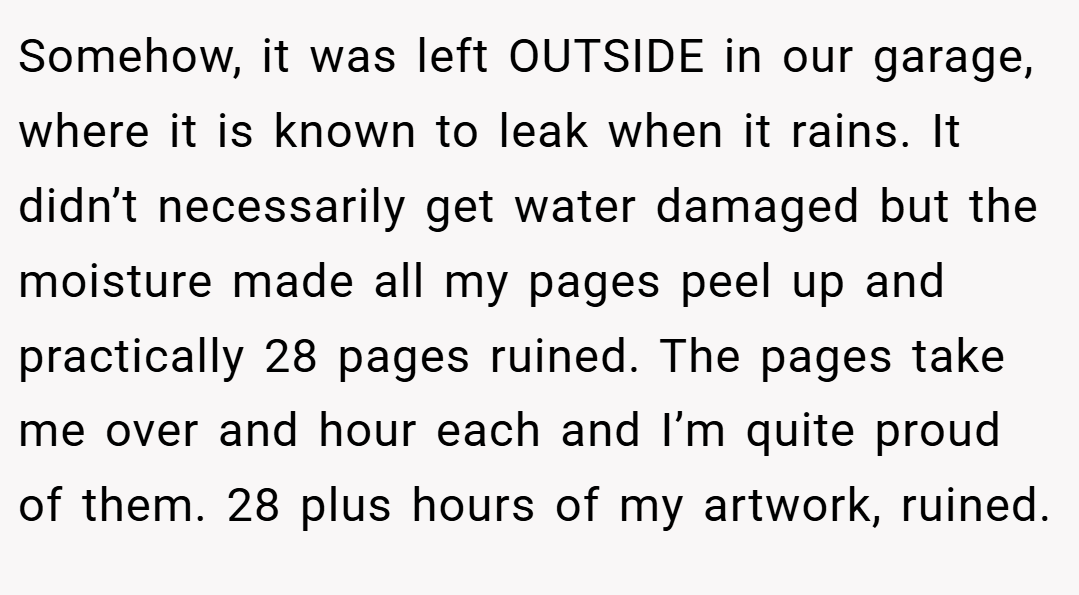 Somehow, it was left OUTSIDE in our garage, where it is known to leak when it rains. It didn’t necessarily get water damaged but the moisture made all my pages peel up and practically 28 pages ruined. The pages take me over and hour each and I’m quite proud of them. 28 plus hours of my artwork, ruined.