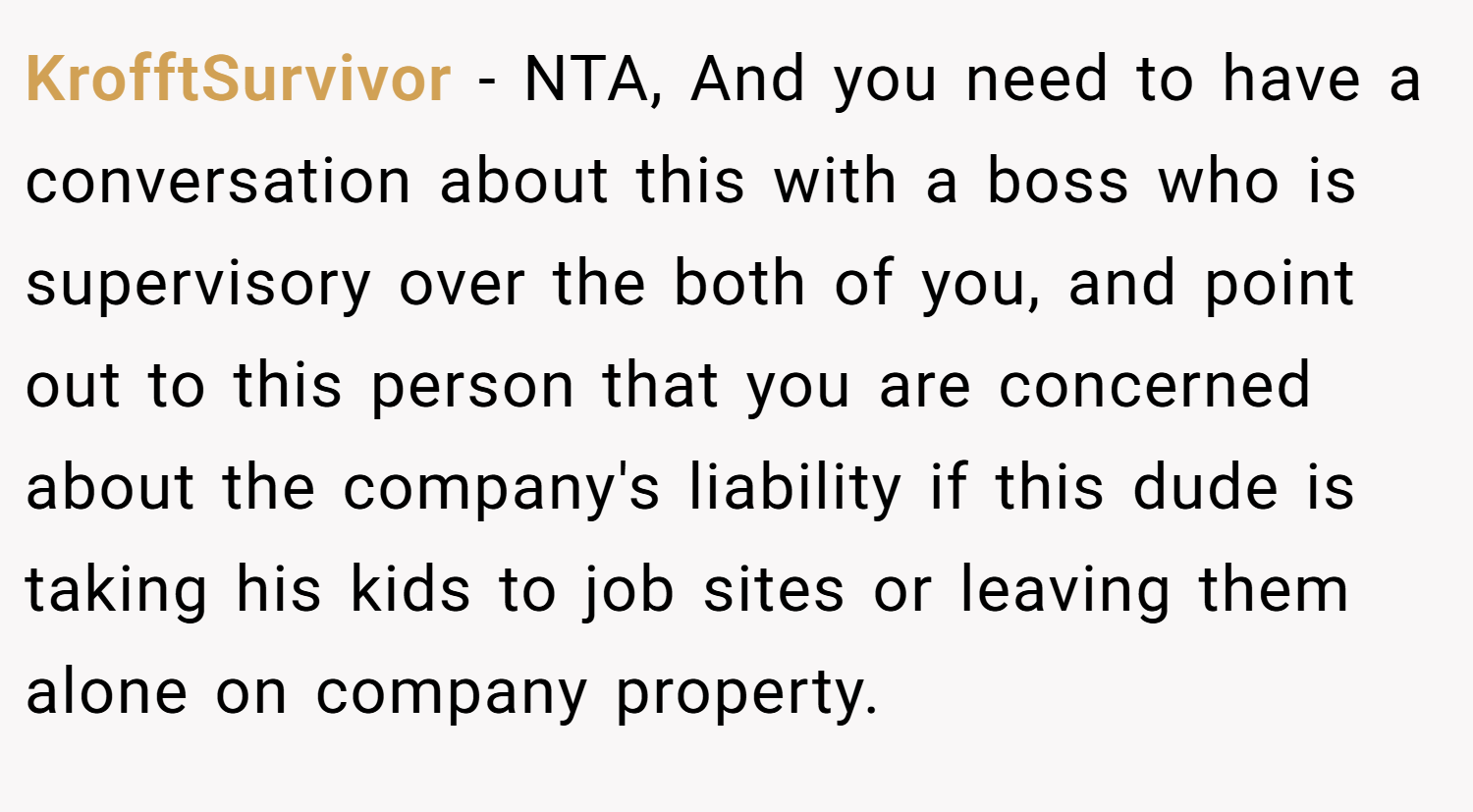 KrofftSurvivor − NTA, And you need to have a conversation about this with a boss who is supervisory over the both of you, and point out to this person that you are concerned about the company's liability if this dude is taking his kids to job sites or leaving them alone on company property.