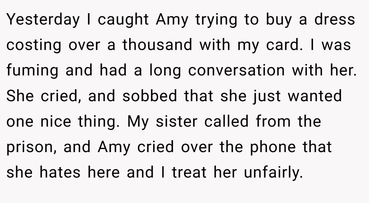 Yesterday I caught Amy trying to buy a dress costing over a thousand with my card. I was fuming and had a long conversation with her. She cried, and sobbed that she just wanted one nice thing. My sister called from the prison, and Amy cried over the phone that she hates here and I treat her unfairly.
