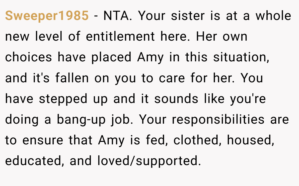 Sweeper1985 − NTA. Your sister is at a whole new level of entitlement here. Her own choices have placed Amy in this situation, and it's fallen on you to care for her. You have stepped up and it sounds like you're doing a bang-up job. Your responsibilities are to ensure that Amy is fed, clothed, housed, educated, and loved/supported.