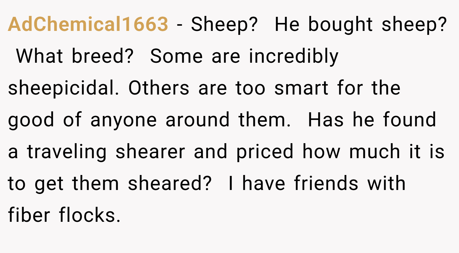 AdChemical1663 − Sheep?  He bought sheep?  What breed?  Some are incredibly sheepicidal. Others are too smart for the good of anyone around them.  Has he found a traveling shearer and priced how much it is to get them sheared?  I have friends with fiber flocks.