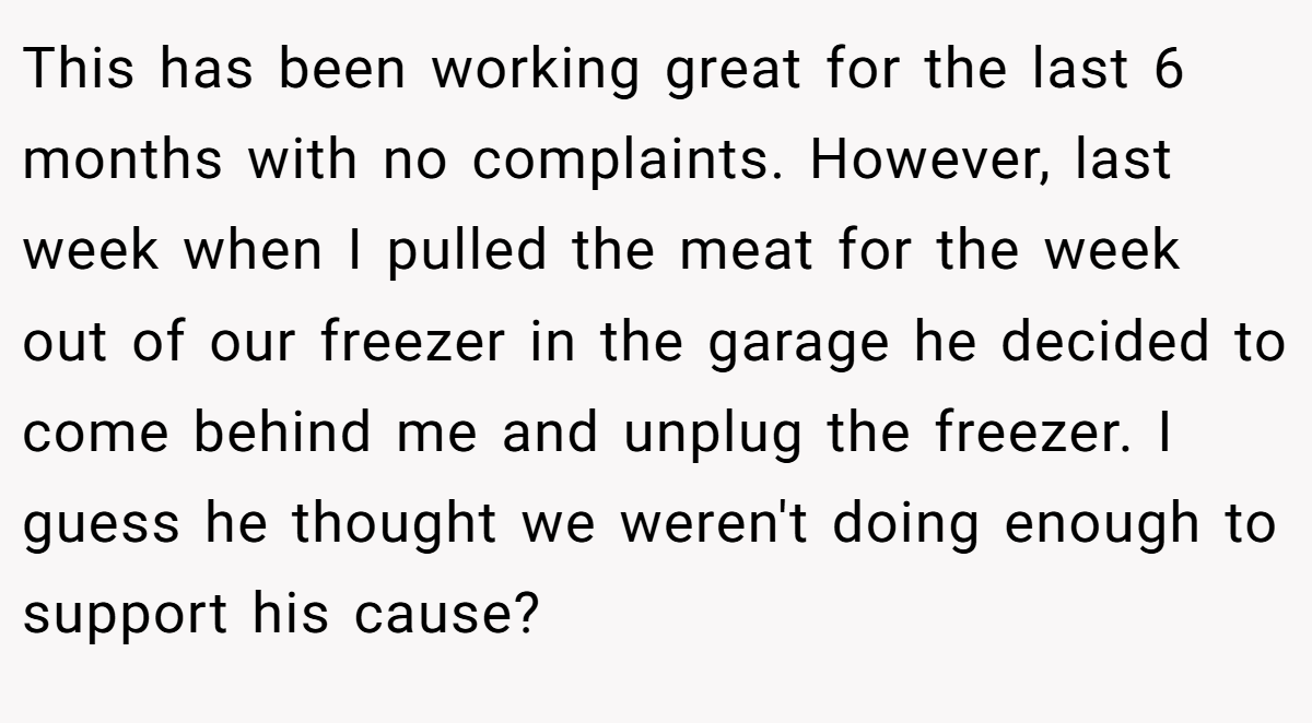 This has been working great for the last 6 months with no complaints. However, last week when I pulled the meat for the week out of our freezer in the garage he decided to come behind me and unplug the freezer. I guess he thought we weren't doing enough to support his cause?