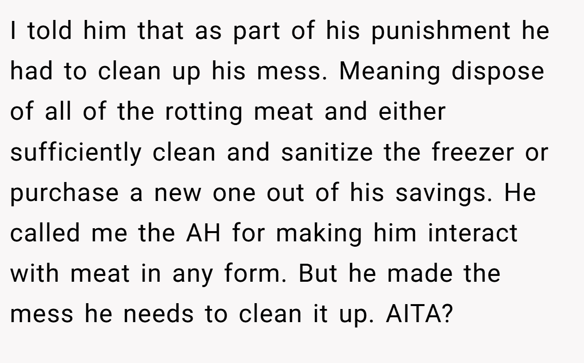 I told him that as part of his punishment he had to clean up his mess. Meaning dispose of all of the rotting meat and either sufficiently clean and sanitize the freezer or purchase a new one out of his savings. He called me the AH for making him interact with meat in any form. But he made the mess he needs to clean it up. AITA?
