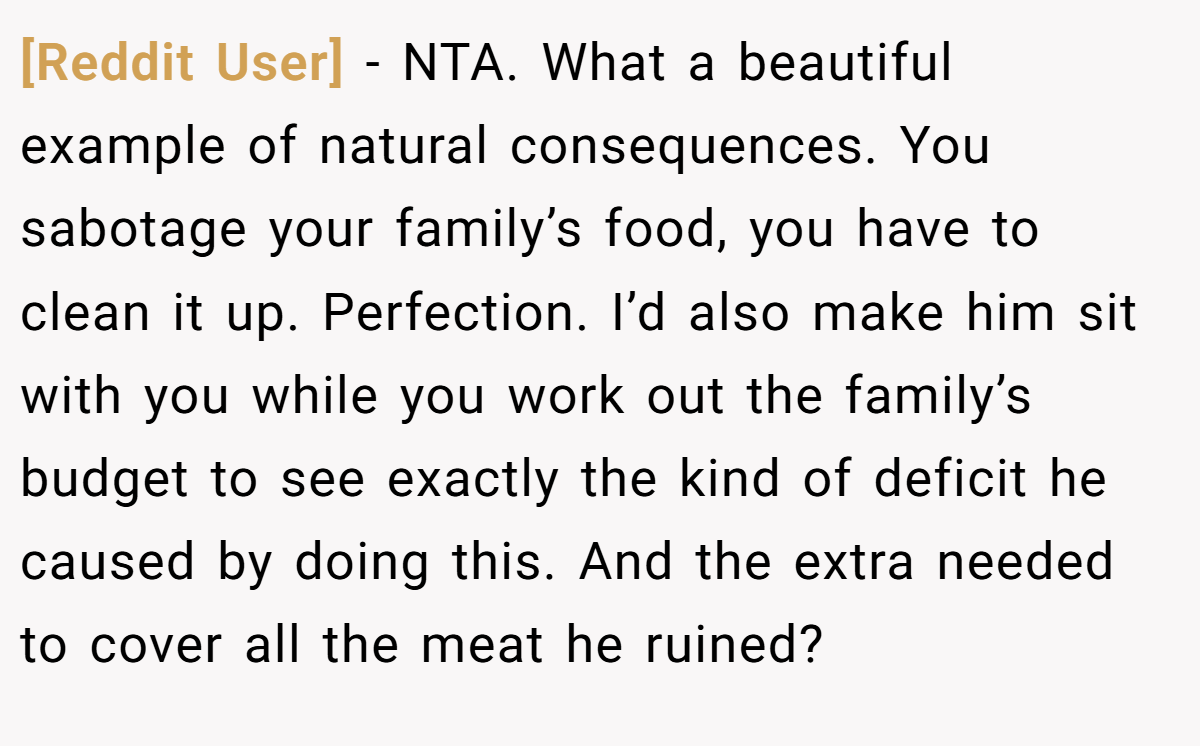 [Reddit User] − NTA. What a beautiful example of natural consequences. You sabotage your family’s food, you have to clean it up. Perfection. I’d also make him sit with you while you work out the family’s budget to see exactly the kind of deficit he caused by doing this. And the extra needed to cover all the meat he ruined?