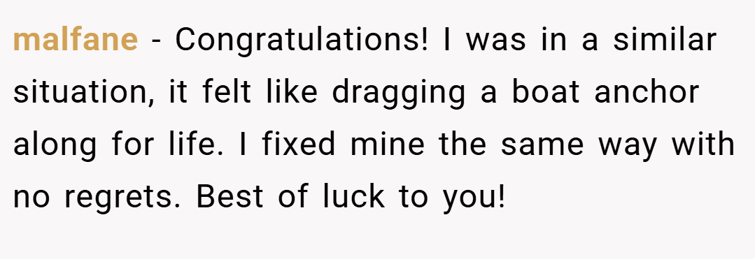 malfane − Congratulations! I was in a similar situation, it felt like dragging a boat anchor along for life. I fixed mine the same way with no regrets. Best of luck to you!