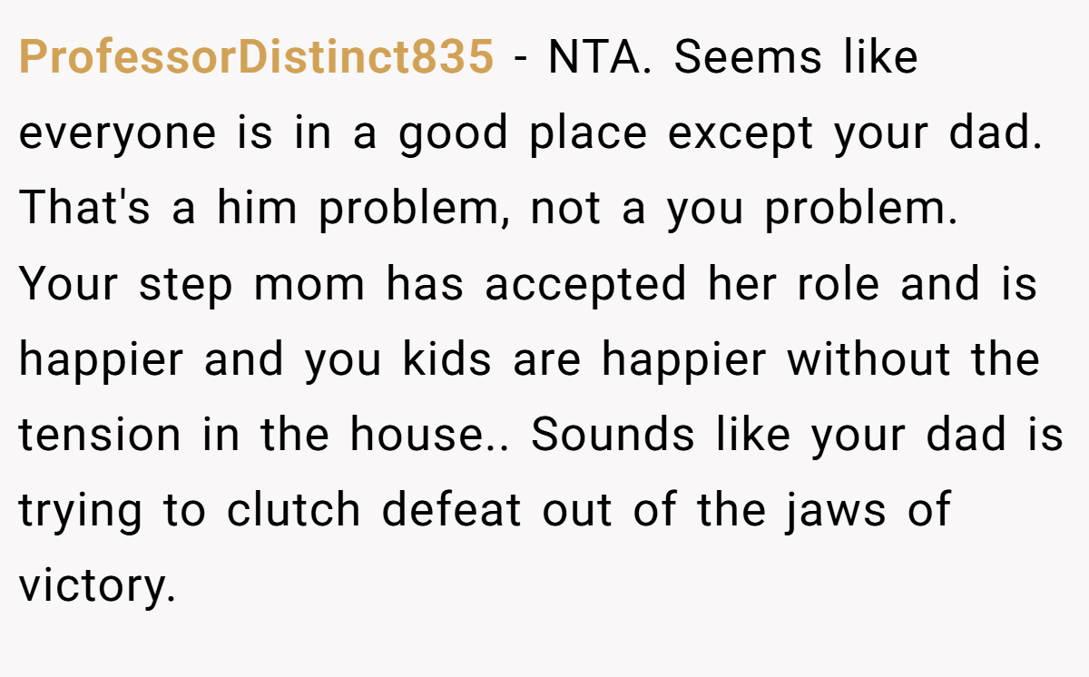 ProfessorDistinct835 − NTA. Seems like everyone is in a good place except your dad. That's a him problem, not a you problem. Your step mom has accepted her role and is happier and you kids are happier without the tension in the house.. Sounds like your dad is trying to clutch defeat out of the jaws of victory.