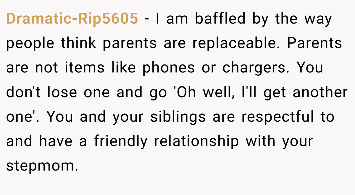 Dramatic-Rip5605 − I am baffled by the way people think parents are replaceable. Parents are not items like phones or chargers. You don't lose one and go 'Oh well, I'll get another one'. You and your siblings are respectful to and have a friendly relationship with your stepmom.
