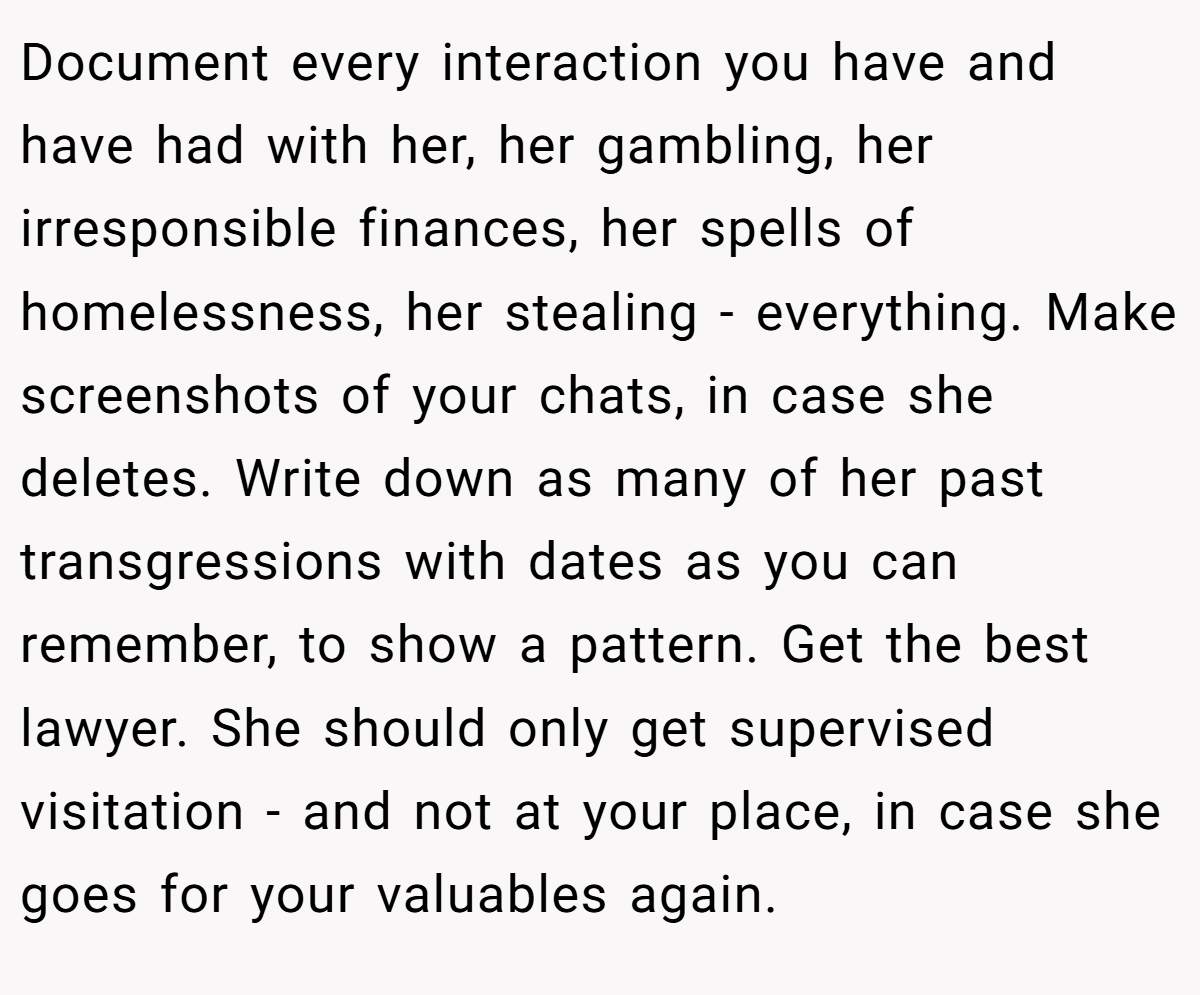 Document every interaction you have and have had with her, her gambling, her irresponsible finances, her spells of homelessness, her stealing - everything. Make screenshots of your chats, in case she deletes. Write down as many of her past transgressions with dates as you can remember, to show a pattern. Get the best lawyer. She should only get supervised visitation - and not at your place, in case she goes for your valuables again.