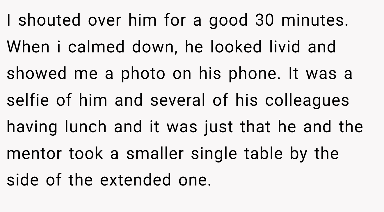 I shouted over him for a good 30 minutes. When i calmed down, he looked livid and showed me a photo on his phone. It was a selfie of him and several of his colleagues having lunch and it was just that he and the mentor took a smaller single table by the side of the extended one.