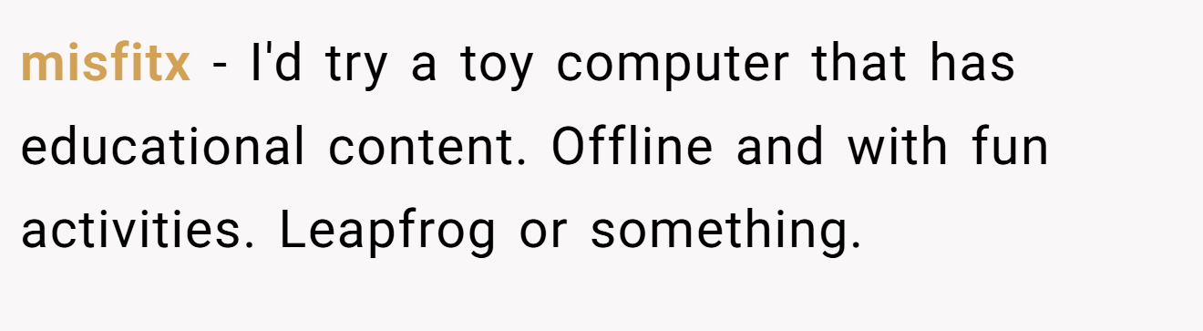 misfitx − I'd try a toy computer that has educational content. Offline and with fun activities. Leapfrog or something.