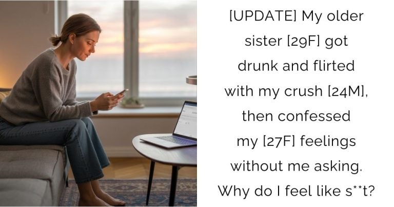 [UPDATE] My older sister [29F] got drunk and flirted with my crush [24M], then confessed my [27F] feelings without me asking. Why do I feel like s**t?