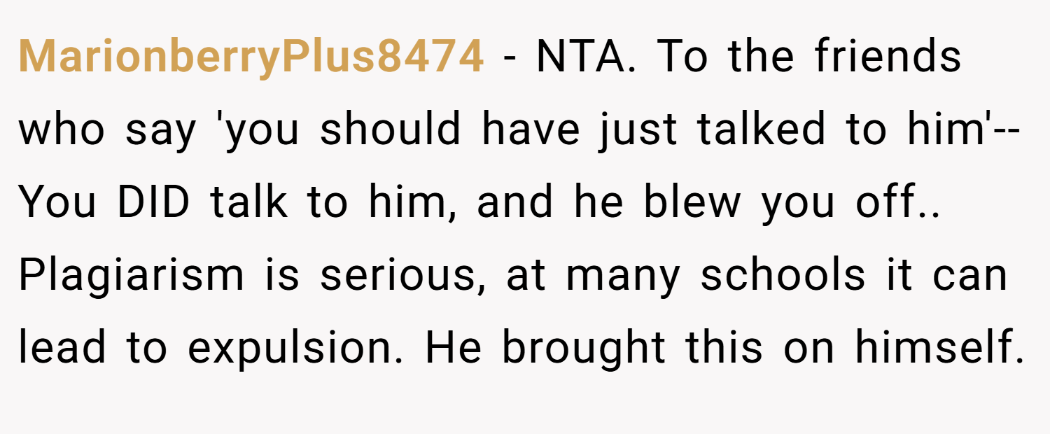 MarionberryPlus8474 − NTA. To the friends who say 'you should have just talked to him'--You DID talk to him, and he blew you off.. Plagiarism is serious, at many schools it can lead to expulsion. He brought this on himself.