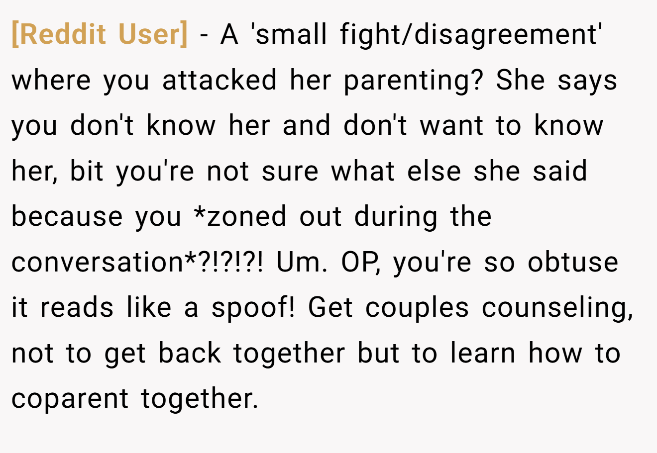 [Reddit User] − A 'small fight/disagreement' where you attacked her parenting? She says you don't know her and don't want to know her, bit you're not sure what else she said because you *zoned out during the conversation*?!?!?! Um. OP, you're so obtuse it reads like a spoof! Get couples counseling, not to get back together but to learn how to coparent together.
