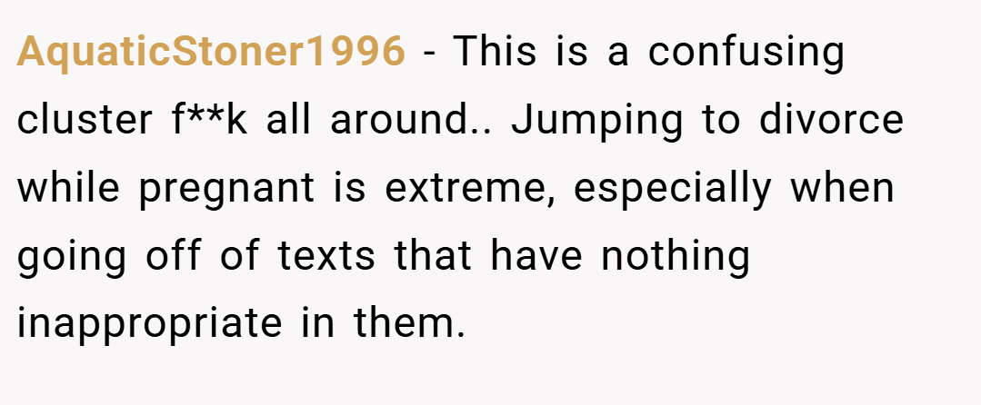 AquaticStoner1996 − This is a confusing cluster f**k all around.. Jumping to divorce while pregnant is extreme, especially when going off of texts that have nothing inappropriate in them.