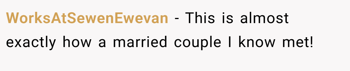 WorksAtSewenEwevan − This is almost exactly how a married couple I know met!