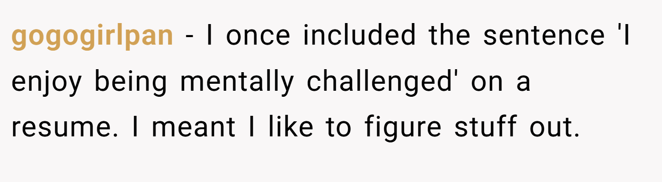 gogogirlpan − I once included the sentence 'I enjoy being mentally challenged' on a resume. I meant I like to figure stuff out.