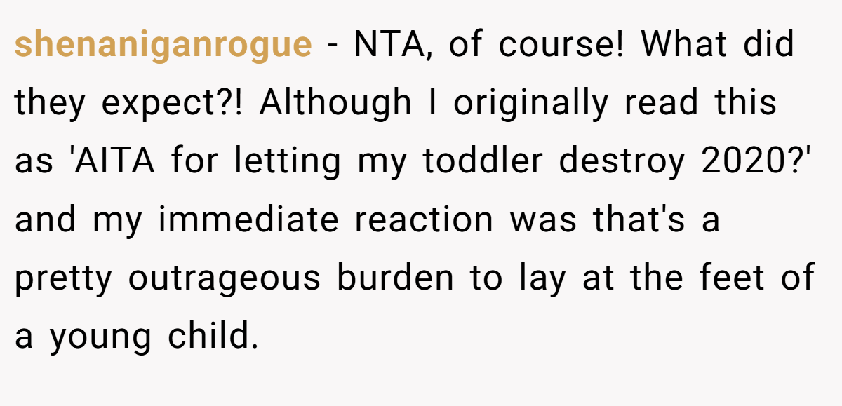 shenaniganrogue − NTA, of course! What did they expect?! Although I originally read this as 'AITA for letting my toddler destroy 2020?' and my immediate reaction was that's a pretty outrageous burden to lay at the feet of a young child.