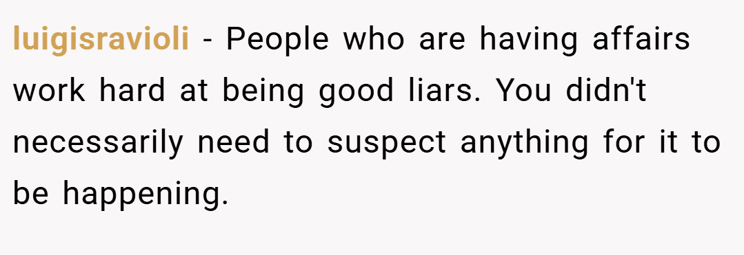 luigisravioli − People who are having affairs work hard at being good liars. You didn't necessarily need to suspect anything for it to be happening.