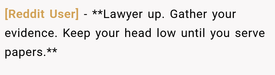 [Reddit User] − **Lawyer up. Gather your evidence. Keep your head low until you serve papers.**