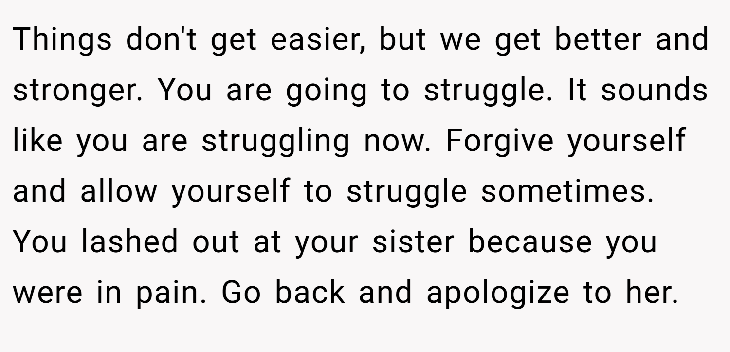 Things don't get easier, but we get better and stronger. You are going to struggle. It sounds like you are struggling now. Forgive yourself and allow yourself to struggle sometimes. You lashed out at your sister because you were in pain. Go back and apologize to her.
