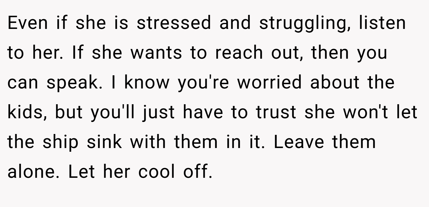 Even if she is stressed and struggling, listen to her. If she wants to reach out, then you can speak. I know you're worried about the kids, but you'll just have to trust she won't let the ship sink with them in it. Leave them alone. Let her cool off.