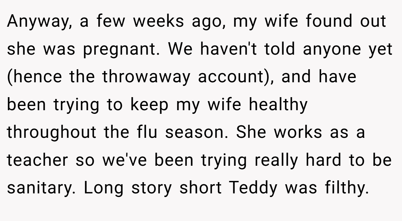Anyway, a few weeks ago, my wife found out she was pregnant. We haven't told anyone yet (hence the throwaway account), and have been trying to keep my wife healthy throughout the flu season. She works as a teacher so we've been trying really hard to be sanitary. Long story short Teddy was filthy.