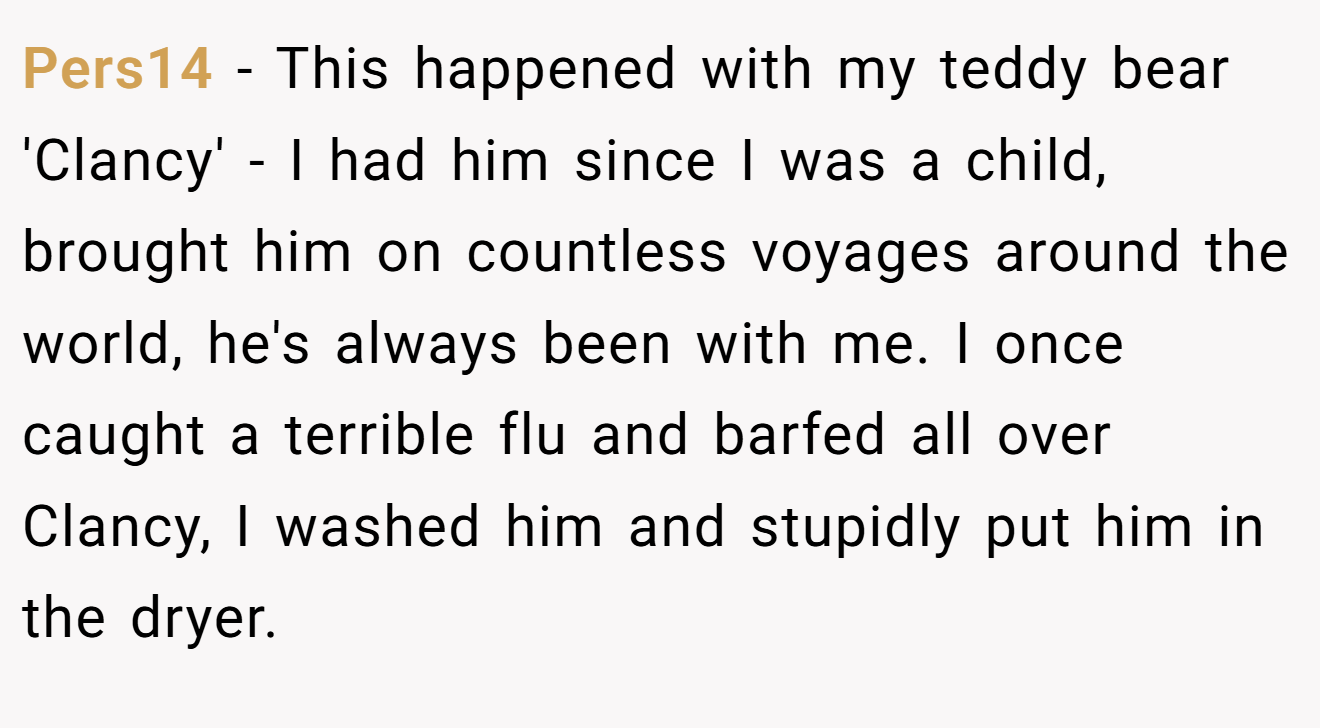 Pers14 − This happened with my teddy bear 'Clancy' - I had him since I was a child, brought him on countless voyages around the world, he's always been with me. I once caught a terrible flu and barfed all over Clancy, I washed him and stupidly put him in the dryer.
