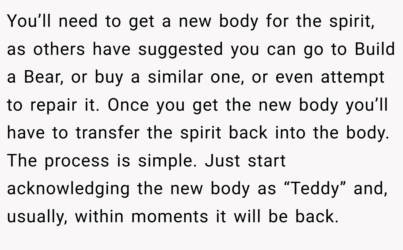 You’ll need to get a new body for the spirit, as others have suggested you can go to Build a Bear, or buy a similar one, or even attempt to repair it. Once you get the new body you’ll have to transfer the spirit back into the body. The process is simple. Just start acknowledging the new body as “Teddy” and, usually, within moments it will be back.