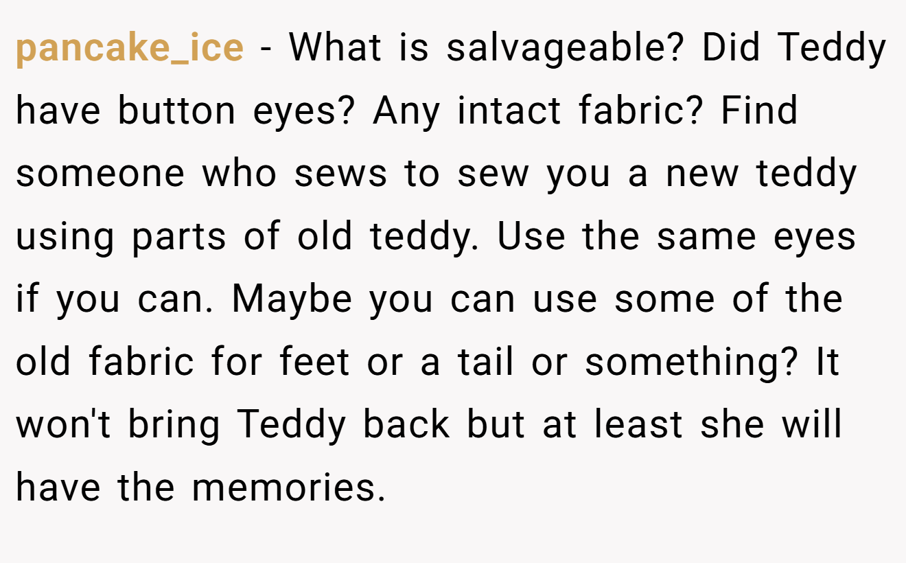 pancake_ice − What is salvageable? Did Teddy have button eyes? Any intact fabric? Find someone who sews to sew you a new teddy using parts of old teddy. Use the same eyes if you can. Maybe you can use some of the old fabric for feet or a tail or something? It won't bring Teddy back but at least she will have the memories.