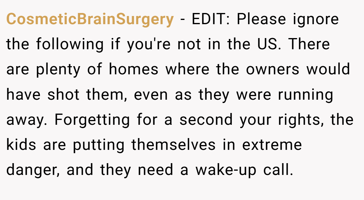 CosmeticBrainSurgery − EDIT: Please ignore the following if you're not in the US. There are plenty of homes where the owners would have shot them, even as they were running away. Forgetting for a second your rights, the kids are putting themselves in extreme danger, and they need a wake-up call.
